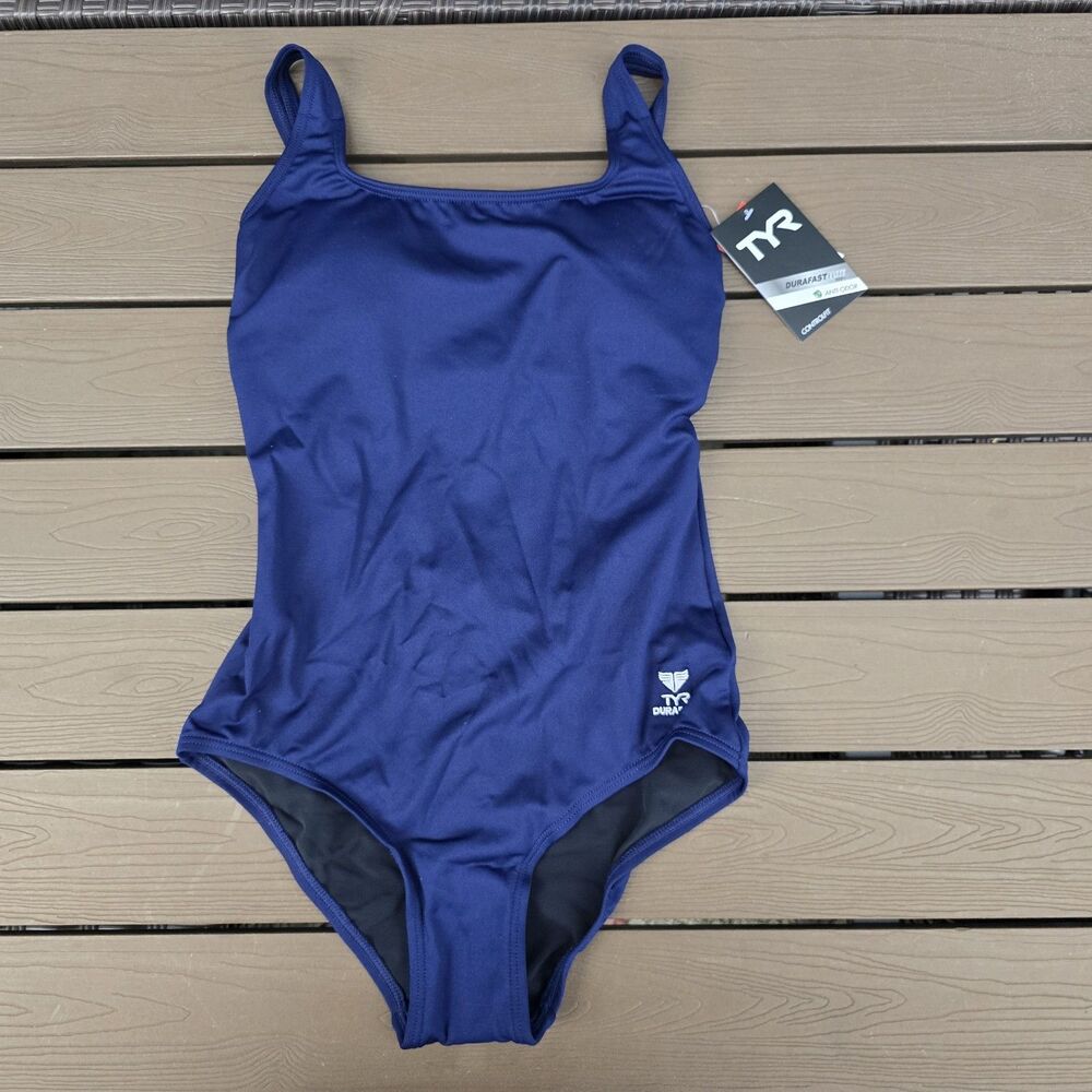 TYR Women's Durafast Elite Solid Navy Square Neck Controlfit Swim Sz 8 NEW